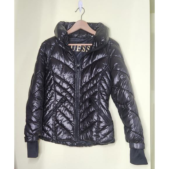 Guess Quilted Puffer Winter Jacket Size Small Shiny Black Full Zip Thumb Holes - Picture 2 of 10